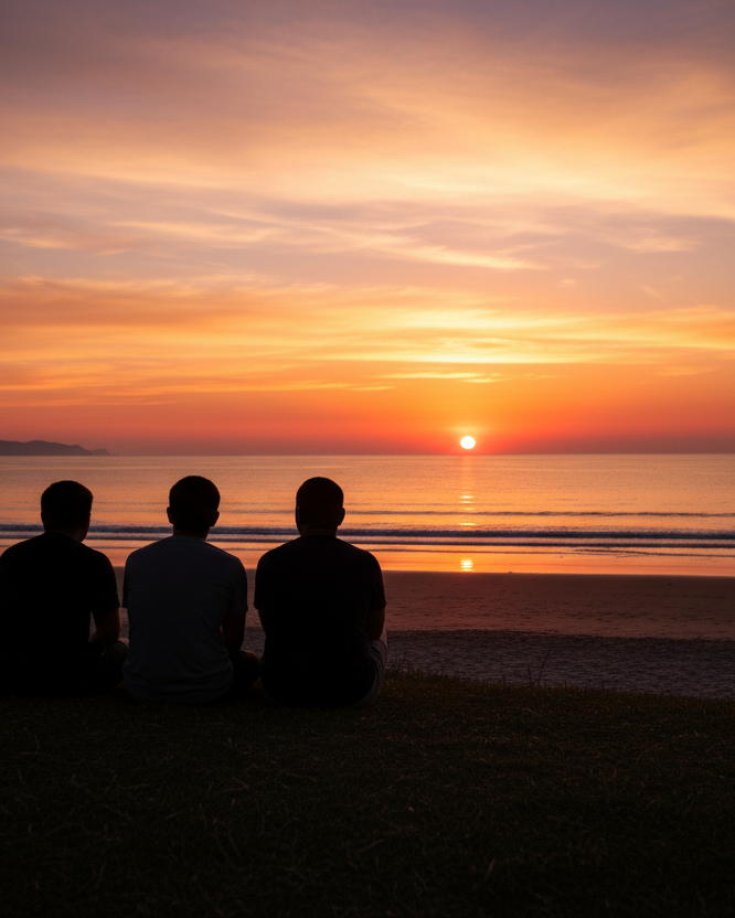 Image of the back of peoples heads, the people should be sitting watching the sun set on a mound over looking the beach and sea. you should only be the silhouette of the people